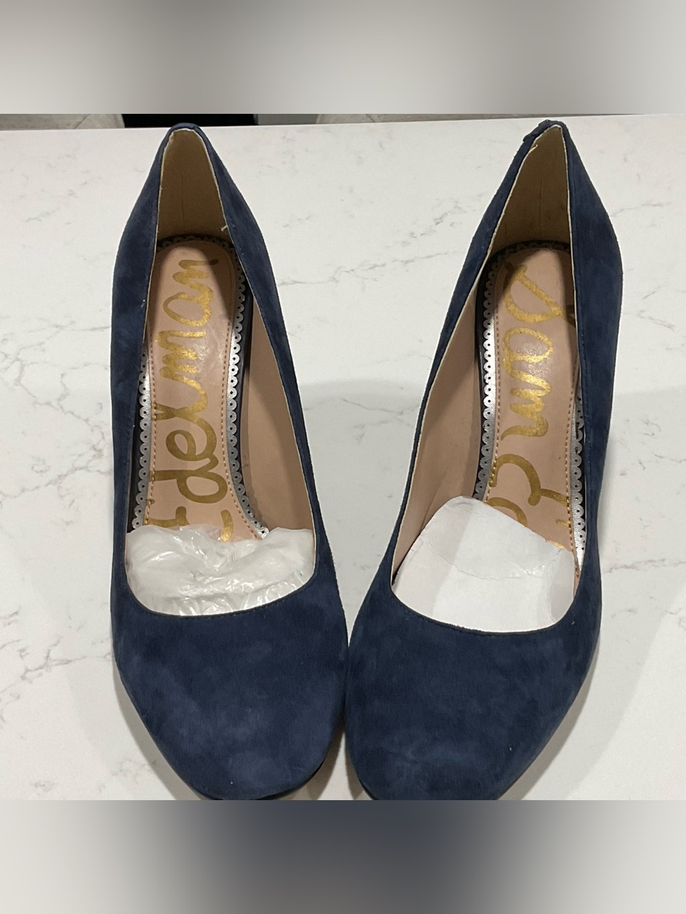 Sam Edelman Junie Navy Suede Block Heel Pumps Size 8 Round Toe 3” Heel - Picture 2 of 6